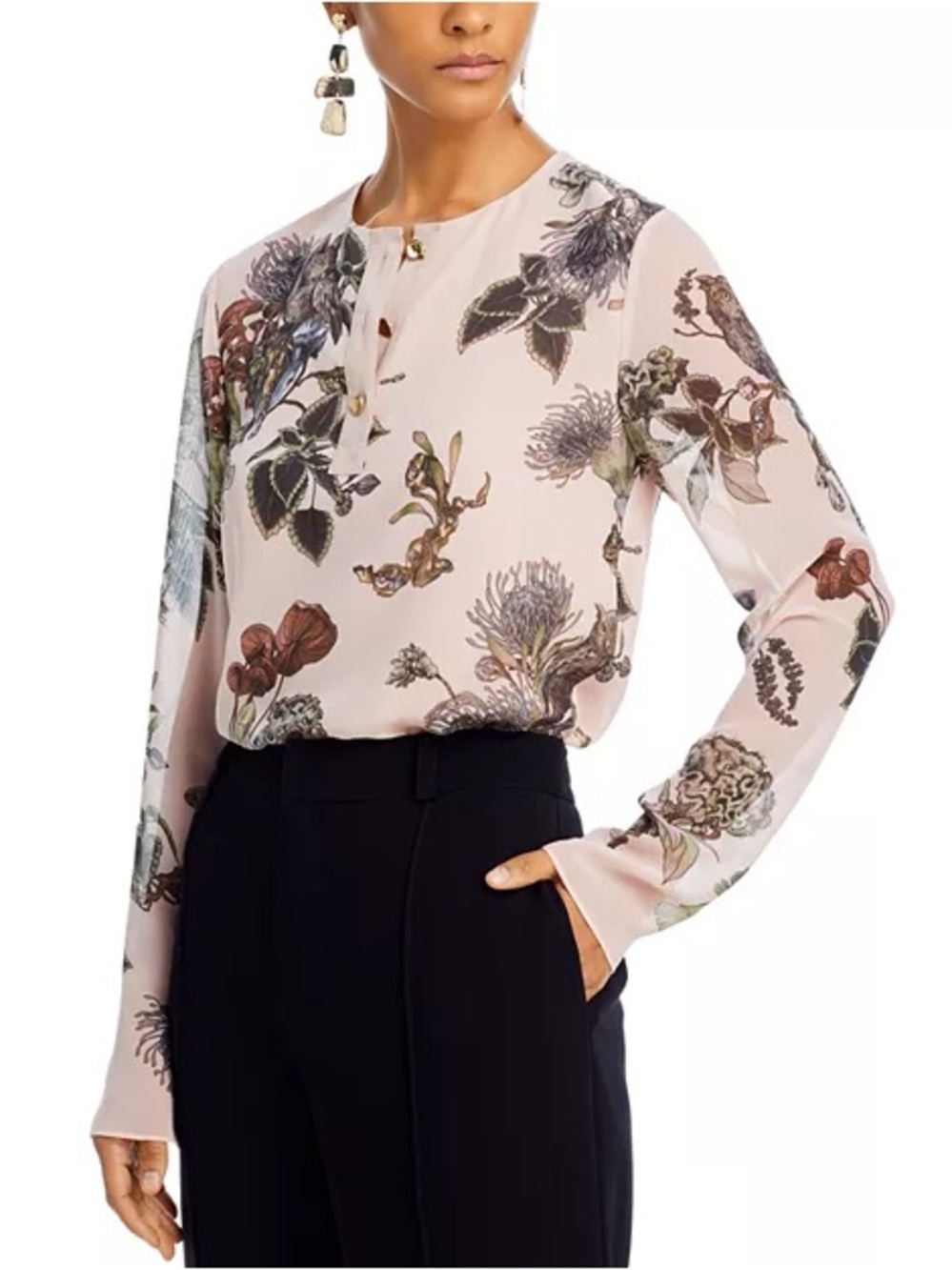 $597 Jason Wu Collection Long Sleeved Printed Forest Floral Henley Top Size 12